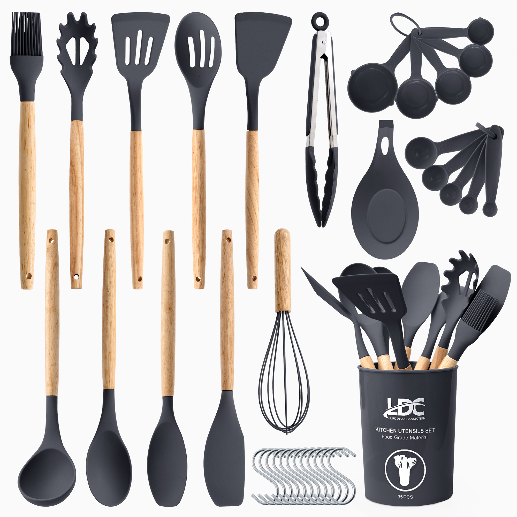 

35 Piece Kitchen Utensils Set - High Heat Resistant Wooden Handle Silicone Cooking Utensils Set With Utensils Holder, Nonstick Cookware - Dishwasher Safe Kitchen Utensils