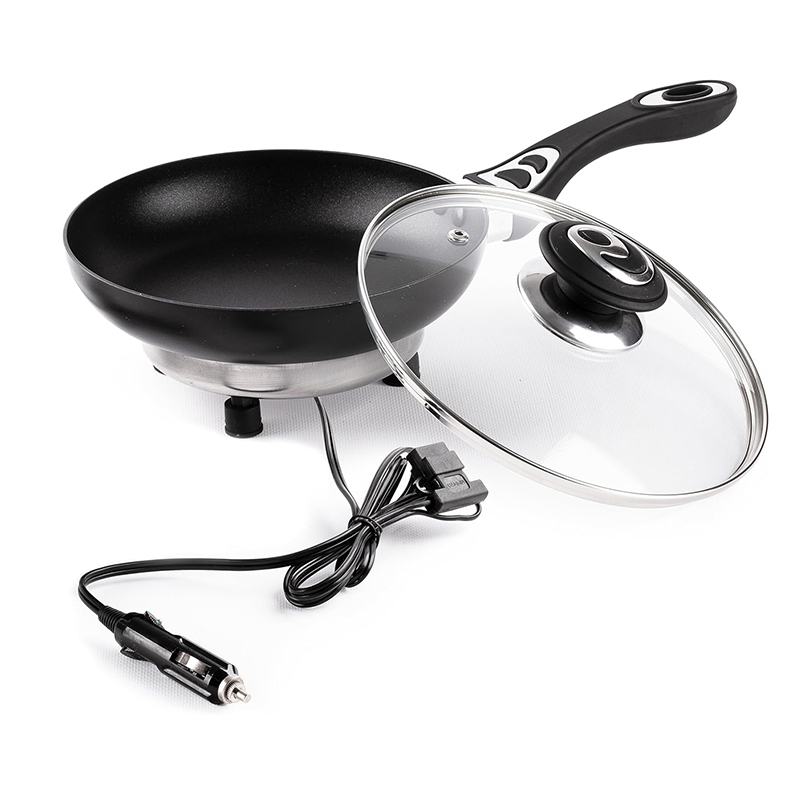 TEMU 12 Volt Frying Pan With Glass Lid Portable 7.5 Inch Pan Stay Cool Hnadles Rapid , Portable Camping Picnic And More