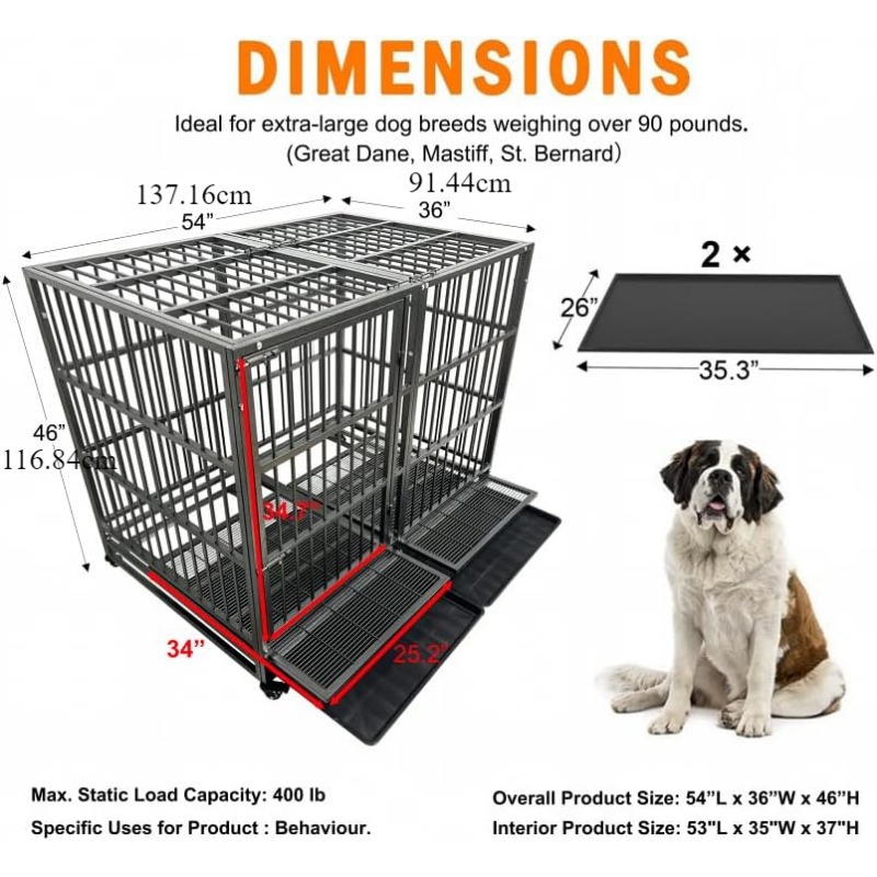 54/48/42/38 Inch Heavy Duty Dog Crate Cage With Wheels, Indestructible
