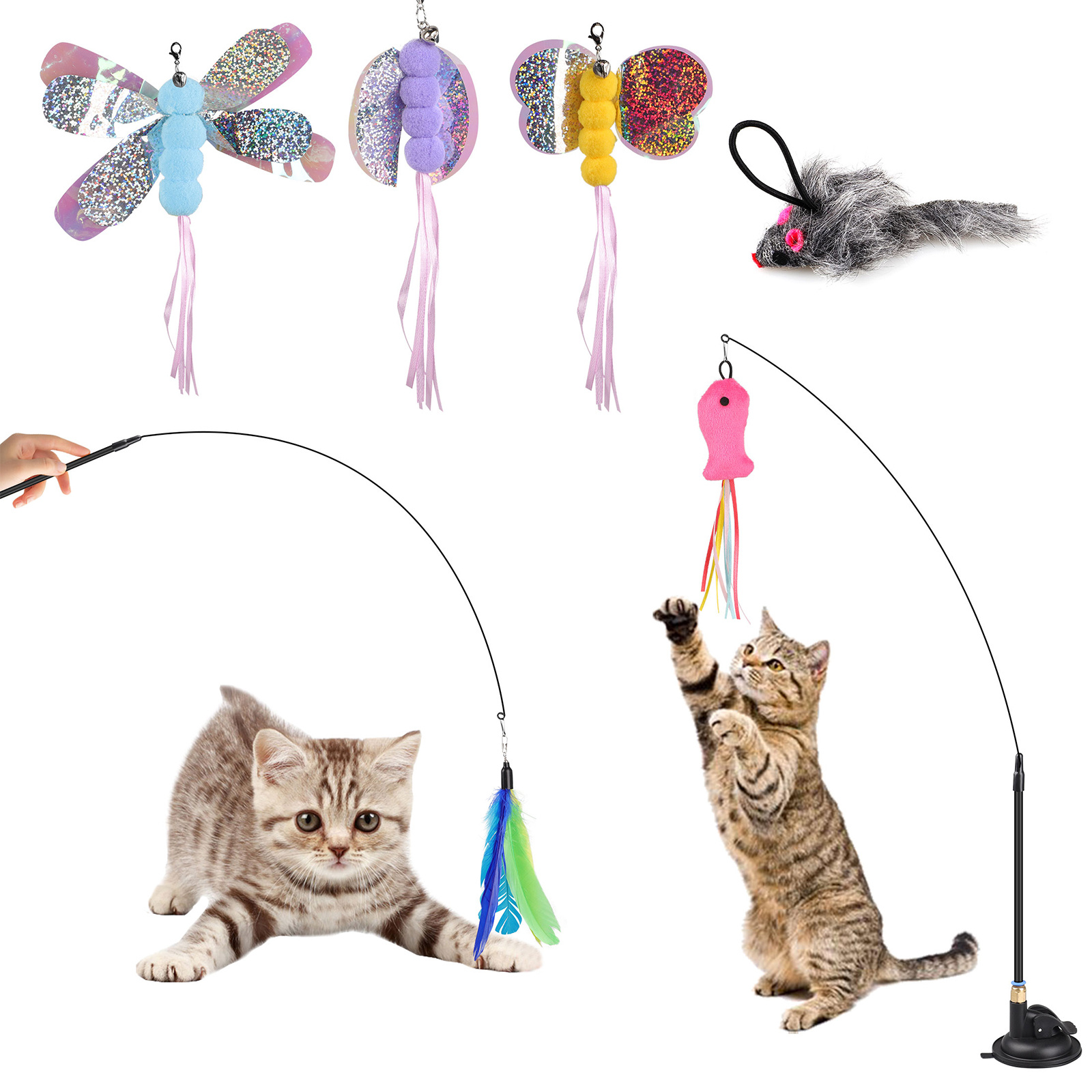 

8pcs Pet Cat Toys, Cat Feather Toy With Suction Cup, Detachable Cat Wand & Replacement Teaser, Interactive For Indoor Kitten Play