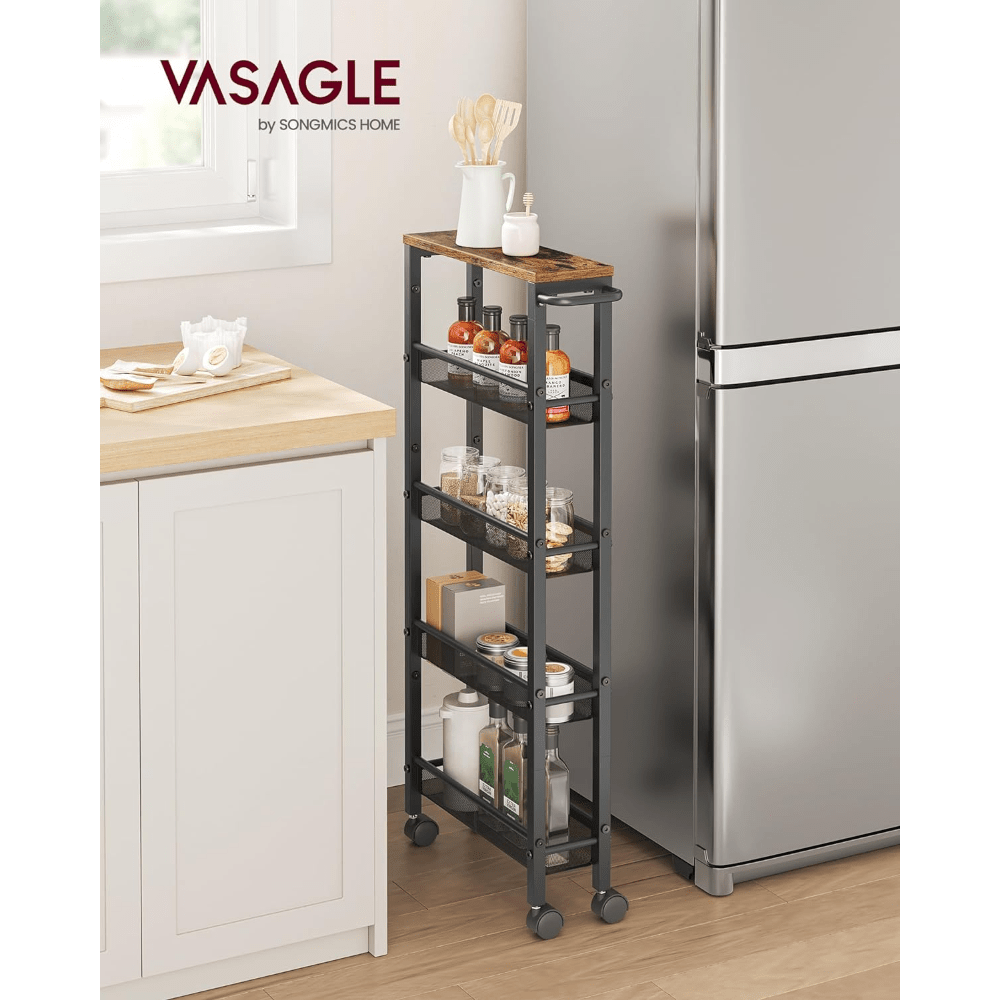 

Vasagle Slim 5-tier Rolling Cart With Handle - Narrow Storage Cart, 5.1 Inches Deep, Metal Frame, Kitchen, Dining Room, Living Room, Home Office