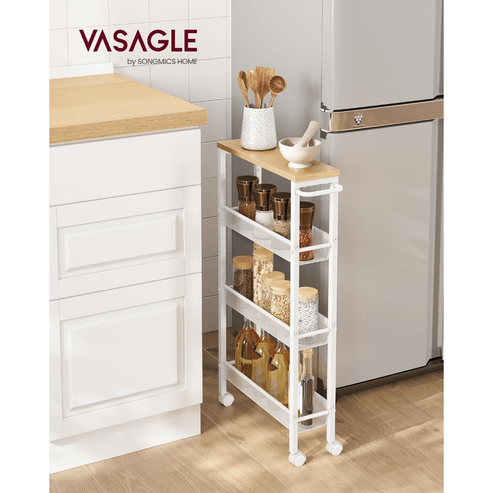 

Vasagle -tier Rolling Cart With Handle - Narrow Storage Cart, 5.1 Inches Deep, Metal Frame, Kitchen, Dining Room, Living Room, Home Office