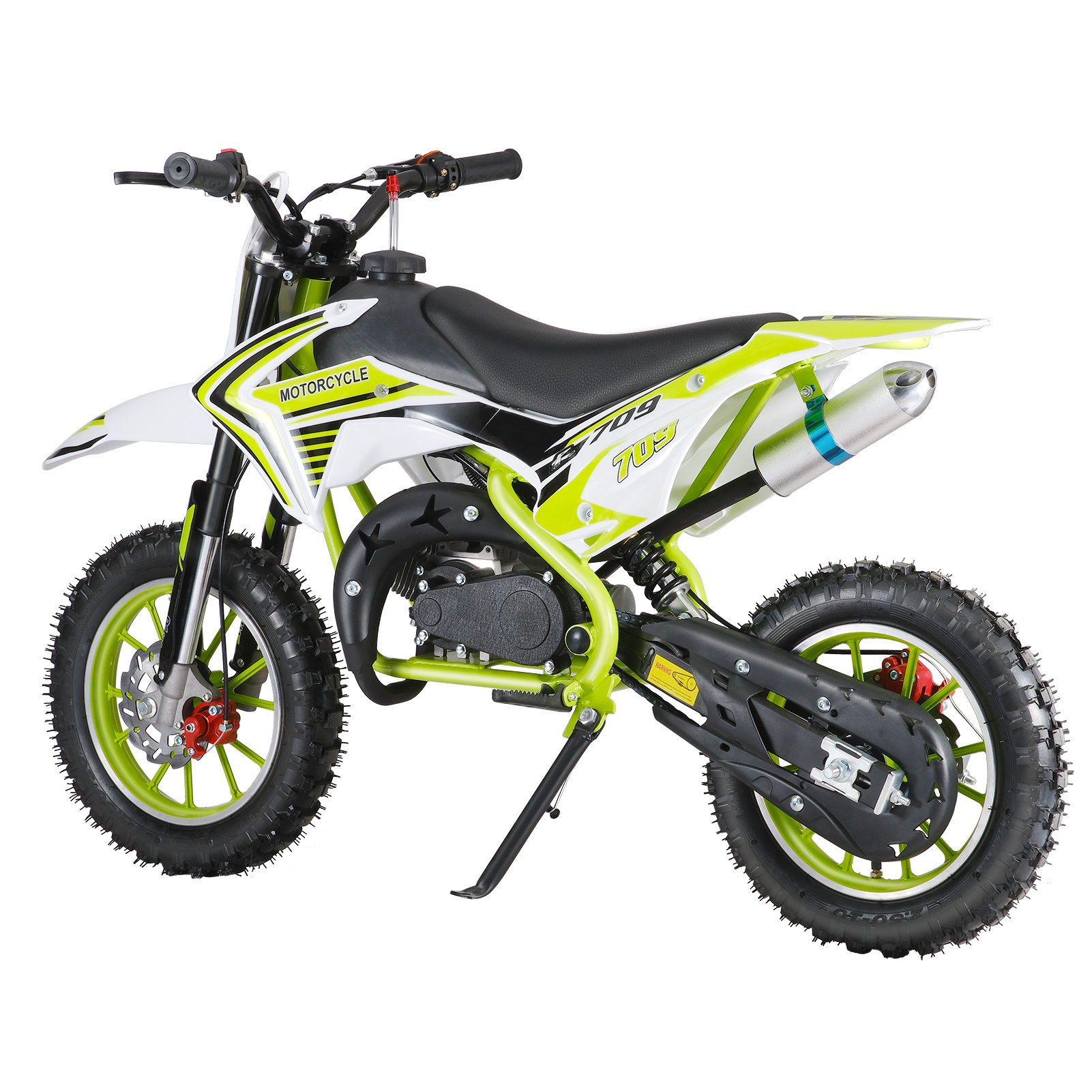 Gasoline Motocross, 49cc Mini Motocross, 2-stroke Gasoline motocross Light green, two-stroke outlet engine, pocket motorcycle with front and rear disc brakes,top speed: 20mph