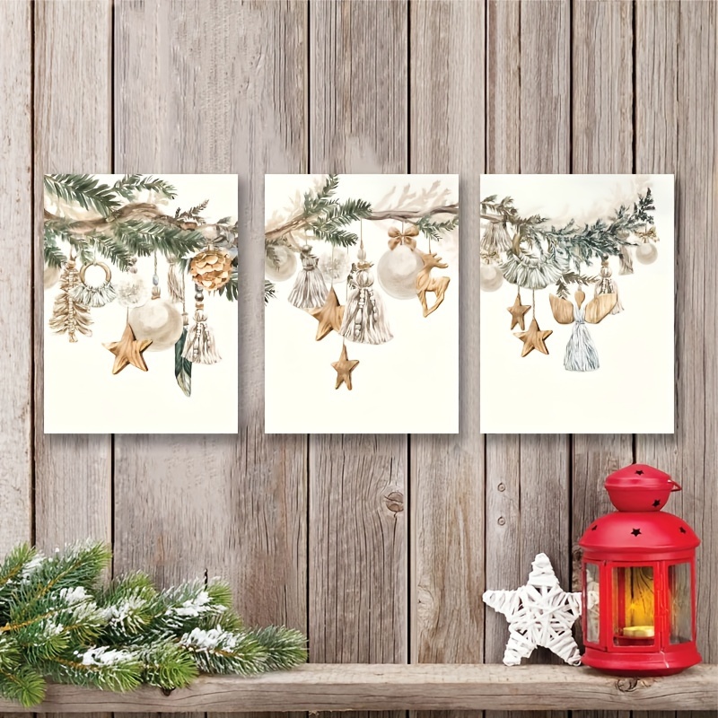 

Merry Christmas 3pcs Wood Frame Set: Vintage Black Watercolor Oil Paintings - Winter Festival Scene, Canvas Wall Art For Living Room And Bedroom Decor