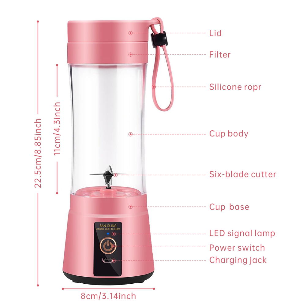 Portable Blender Cup,Electric USB Juicer Blender,Mini Blender Portable Blender For Shakes and Smoothies, juice,380ml, Six Blades Great for Mixing，Pink，Black，Purple