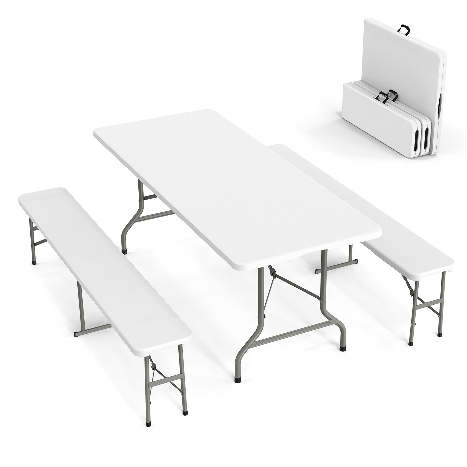 

Picnic Table Set With 2 Benches, 6 Feet Camping Table Chair Set,3-piece Folding Furniture For Indoor Or Outdoor Use, Smooth Tabletop, White