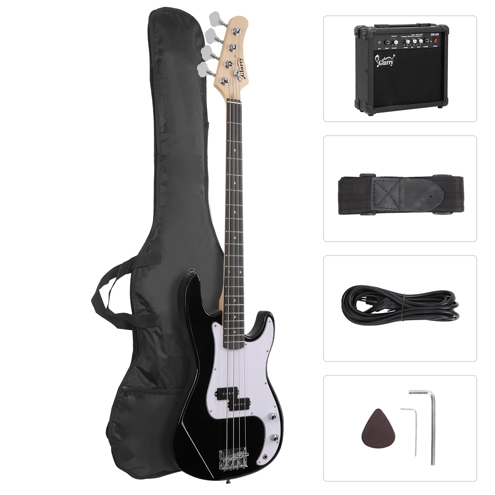 

4 String Electric Bass Guitar Beginner Kit With 20w Amp, Cable, Strap, Bag And Accessories (black)