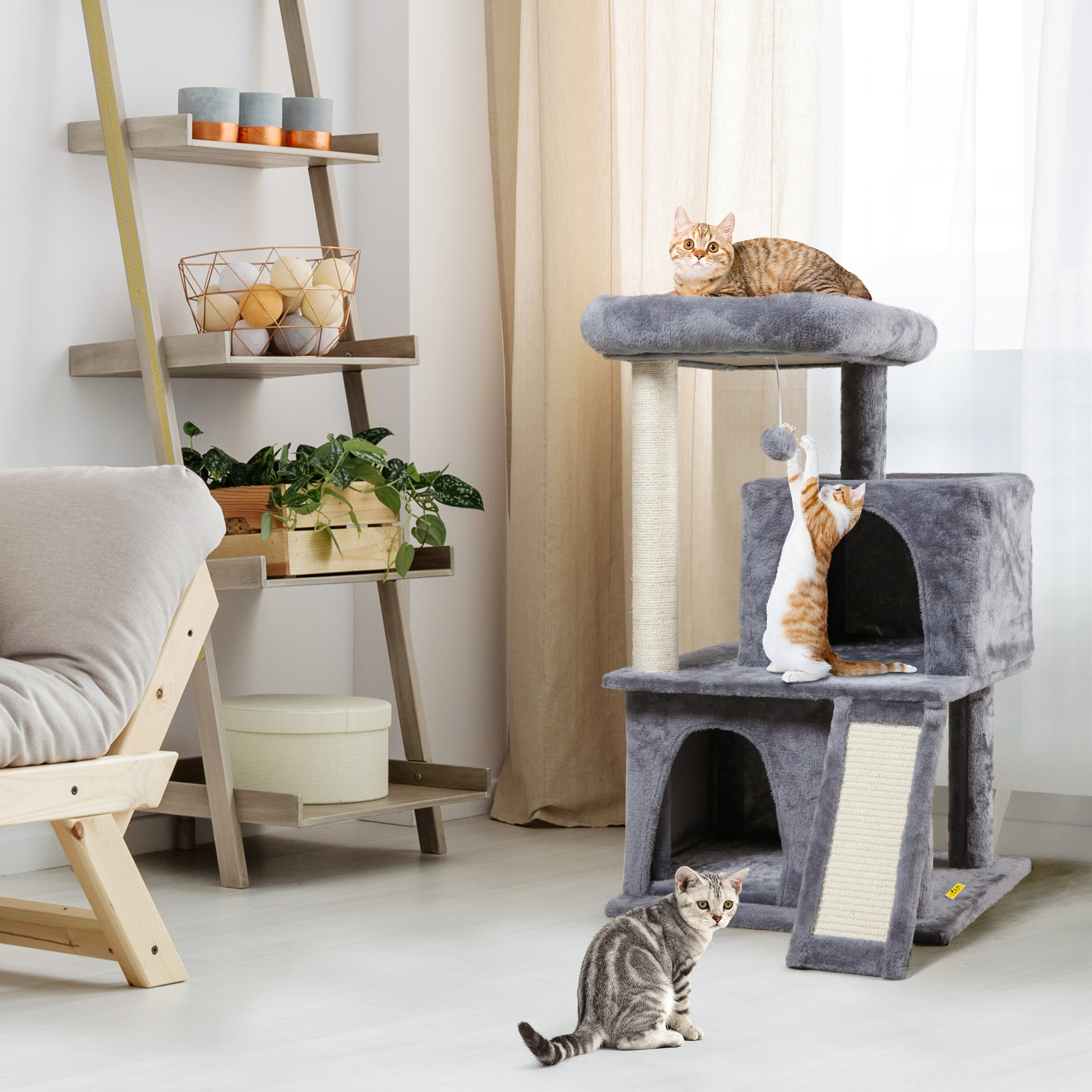 

34” H Luxury 3-tier Kitten Cat Tree With 2 Condos, Top Perch, Scratching Posts For Playing, Napping, Jumping, Light Gray