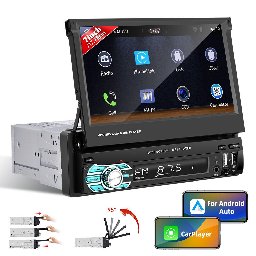 

1 Din Retractable Touchscreen Car Stereo With Carplayer & For Android Auto, 7inch Car Stereo With Receivers,support /aux/tf/usb