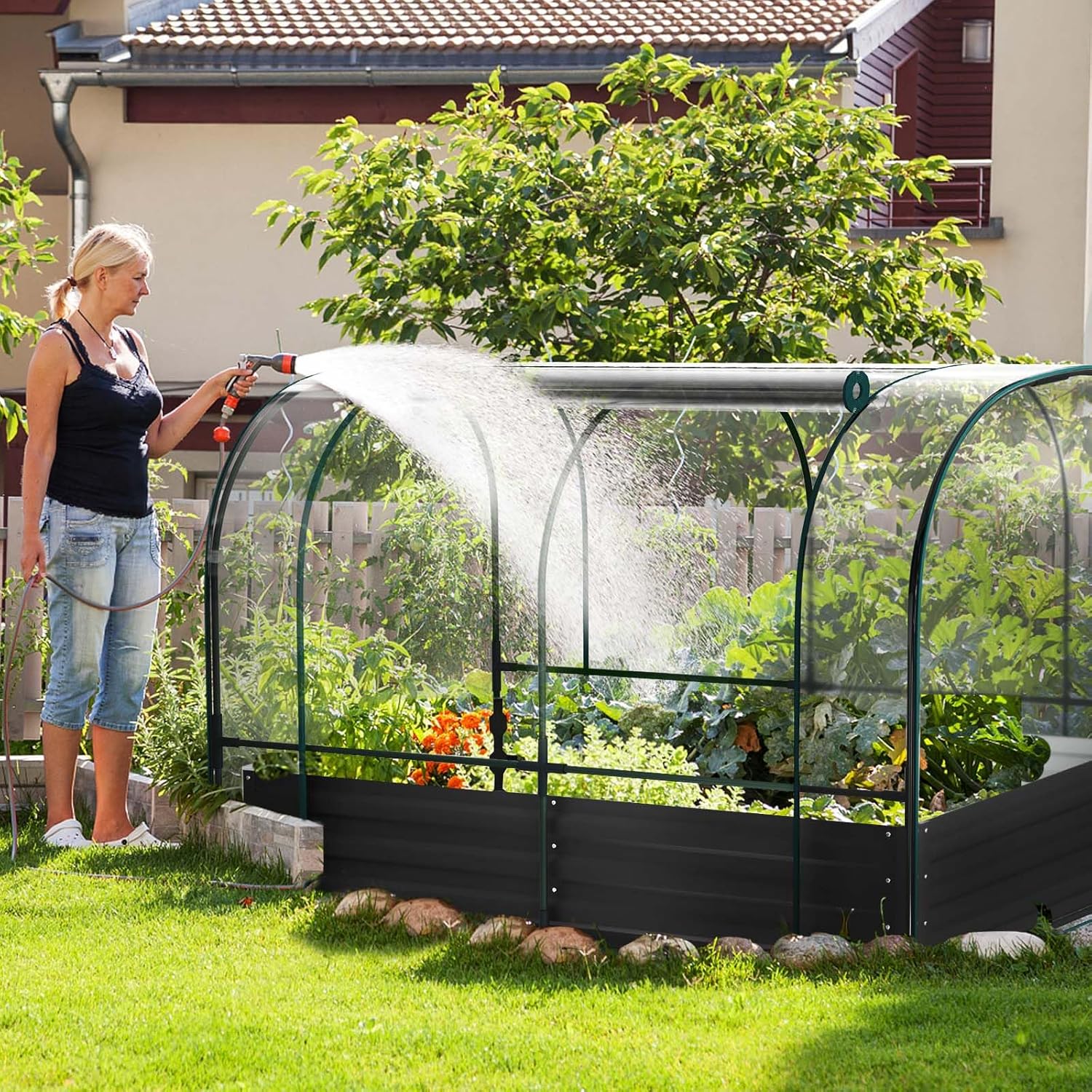 

Galvanized Raised Garden Bed With Cover, 71"x35.4"x45.2" Metal Planter Box W/ 2 Roll-up Windows Mini Greenhouse For Outdoor Growing Vegetables