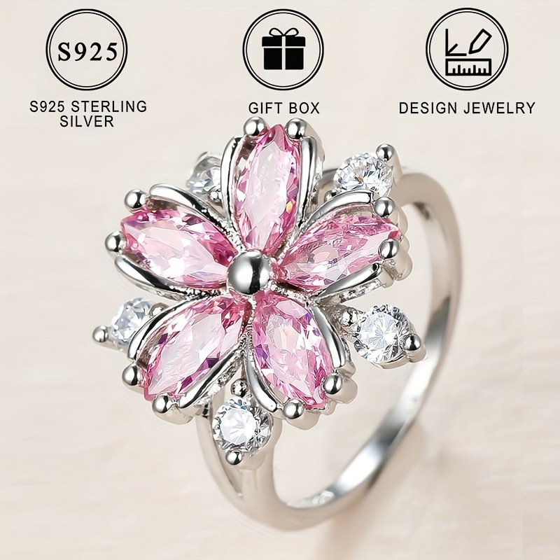 

Delicate 925 Sterling Ring - Romantic Pink Zircon Flower Design - Unique Gift For Women With Luxury Gift Box The Ideal Choice For Engagement, Wedding, Or Eternal Love