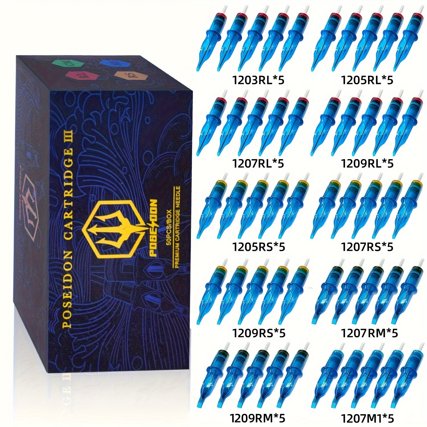 

Poseidon V3 Tattoo Cartridge Needles 50pcs Mixed Size Needles With Membrane Safety Cartridges-1203rl, 1205rl, 1207rl, 1209rl, 1207rm, 1209rm, 1205rs, 1207rs, 1209rs, 1207m1