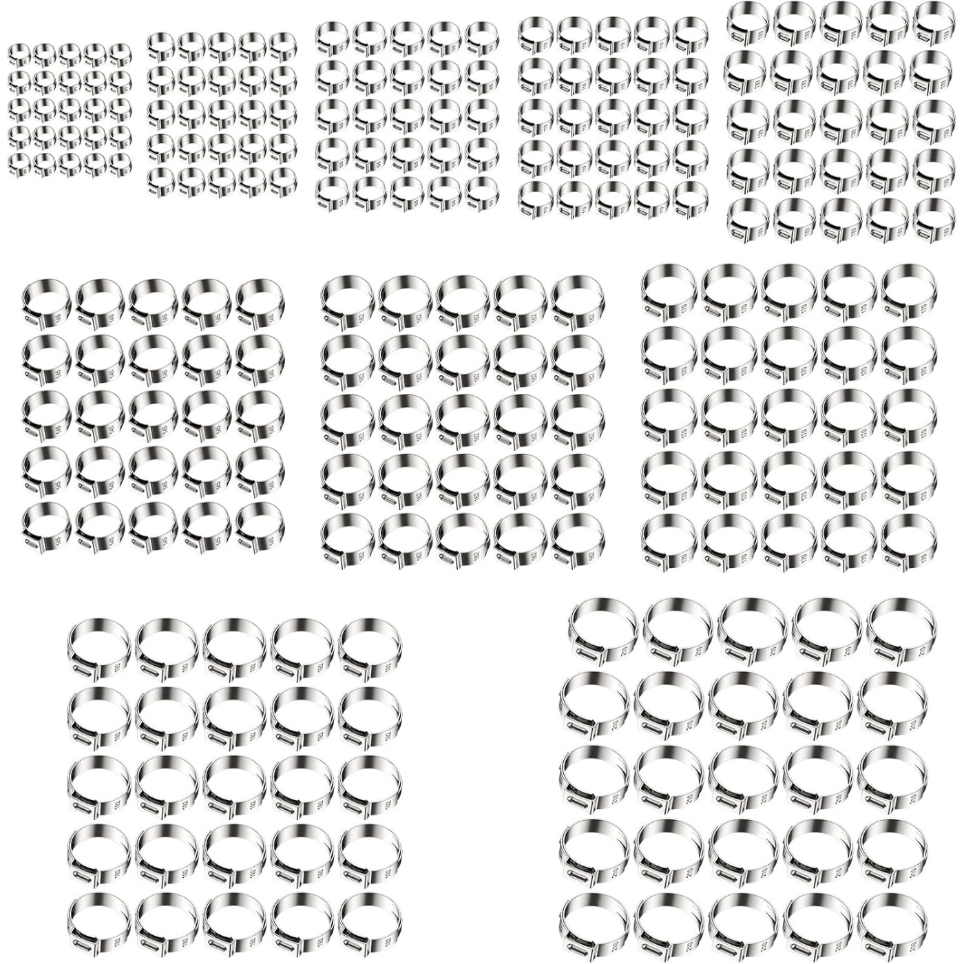 

200 Pcs 7 To 21mm Single Ear Hose Clamps, 304 Stainless Line Clamps,10 Sizes Clamps Rings Pex Crimp Rings Hose Clamp Clips Assortment Kit For Automotive Plumbing System