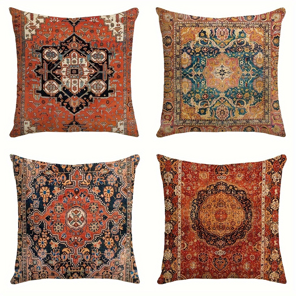 

4pcs Boho Pillow Covers 18x18 Inch, Carpet Pattern Throw Pillows Case, Orange Red Ethnic Design Outdoor Decorative Square Linen Farmhouse Decor Cushion Covers For Home Sofa Bed Couch (no Pillow )