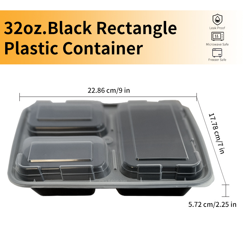 

10/50/150 Pack 32 Oz. Rectangular Black Plastic 3 Compartment Container Set (333) - Microwave Safe, Bpa Free, Dishwasher Safe, Freezer Safe, Reusable - , Food Prep, Storage