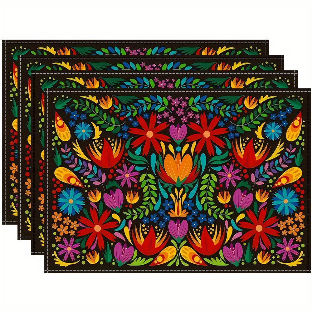 

4/ 6pcs Mexican Flower Table Mats, For Dining Tables, Holiday Decorations, Washable Table Mats With Floral , Home Decorations, Holiday Supplies, 12..5 Inches.