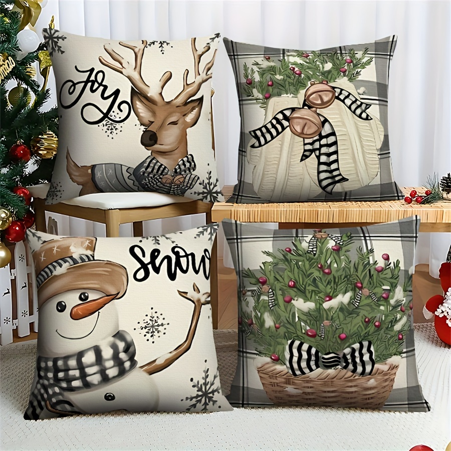 

4-piece Christmas Pillowcase Set With Cute Snowman And Reindeer Designs, Cozy Room And Bedroom Decor (without Insert), 18x18 Inches.