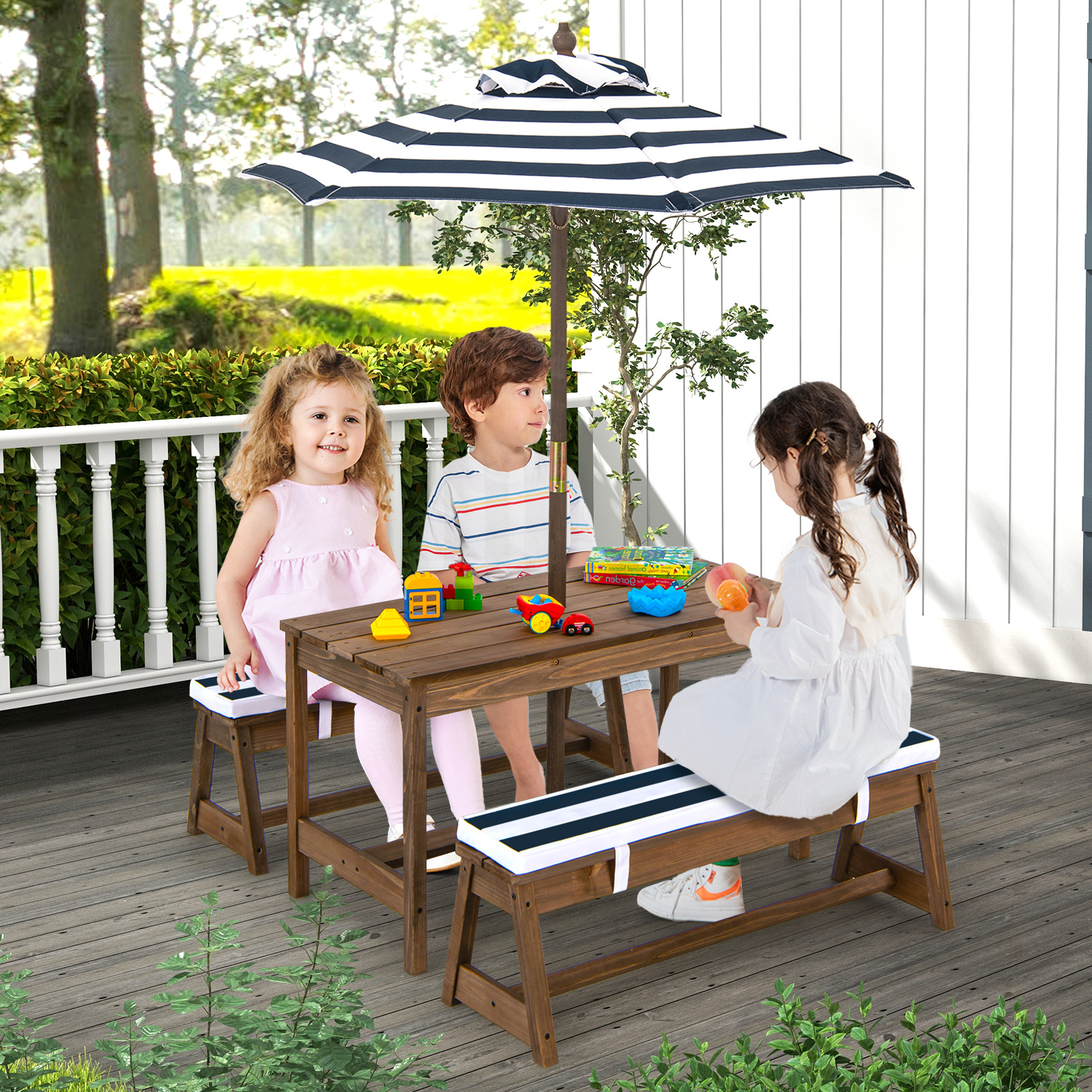 Costway Kids Picnic Table Set, Wooden Kids Outdoor Furniture with Umbrella, Sponge Cushions, Kids Rectangular Activity Table and Benches for Outdoors, Accommodate 4 Children