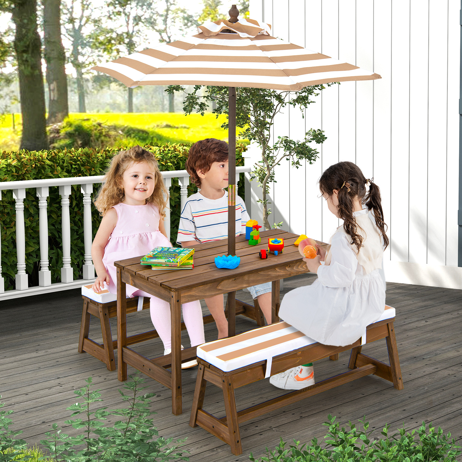 Costway Kids Picnic Table Set, Wooden Kids Outdoor Furniture with Umbrella, Sponge Cushions, Kids Rectangular Activity Table and Benches for Outdoors, Accommodate 4 Children
