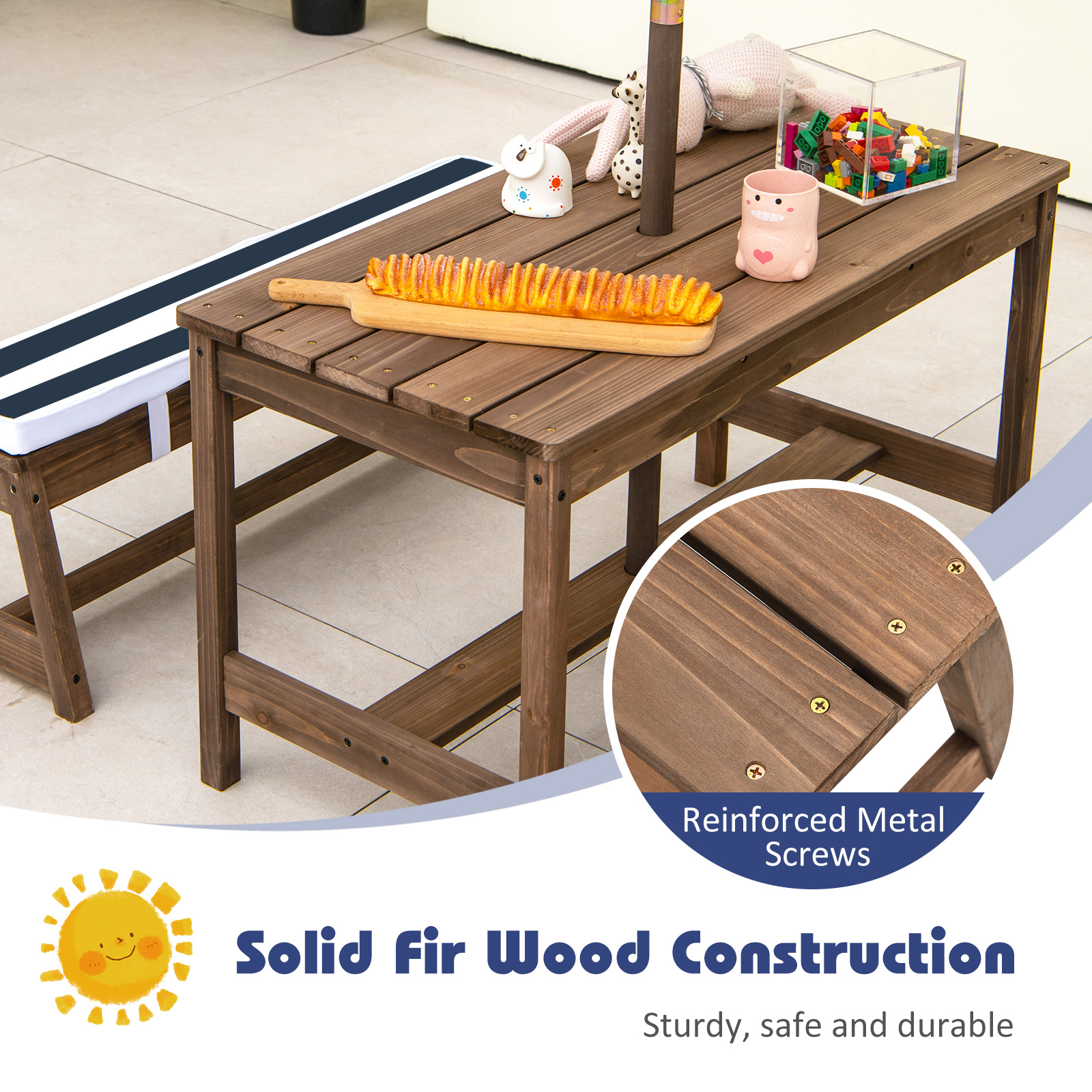 Costway Kids Picnic Table Set, Wooden Kids Outdoor Furniture with Umbrella, Sponge Cushions, Kids Rectangular Activity Table and Benches for Outdoors, Accommodate 4 Children
