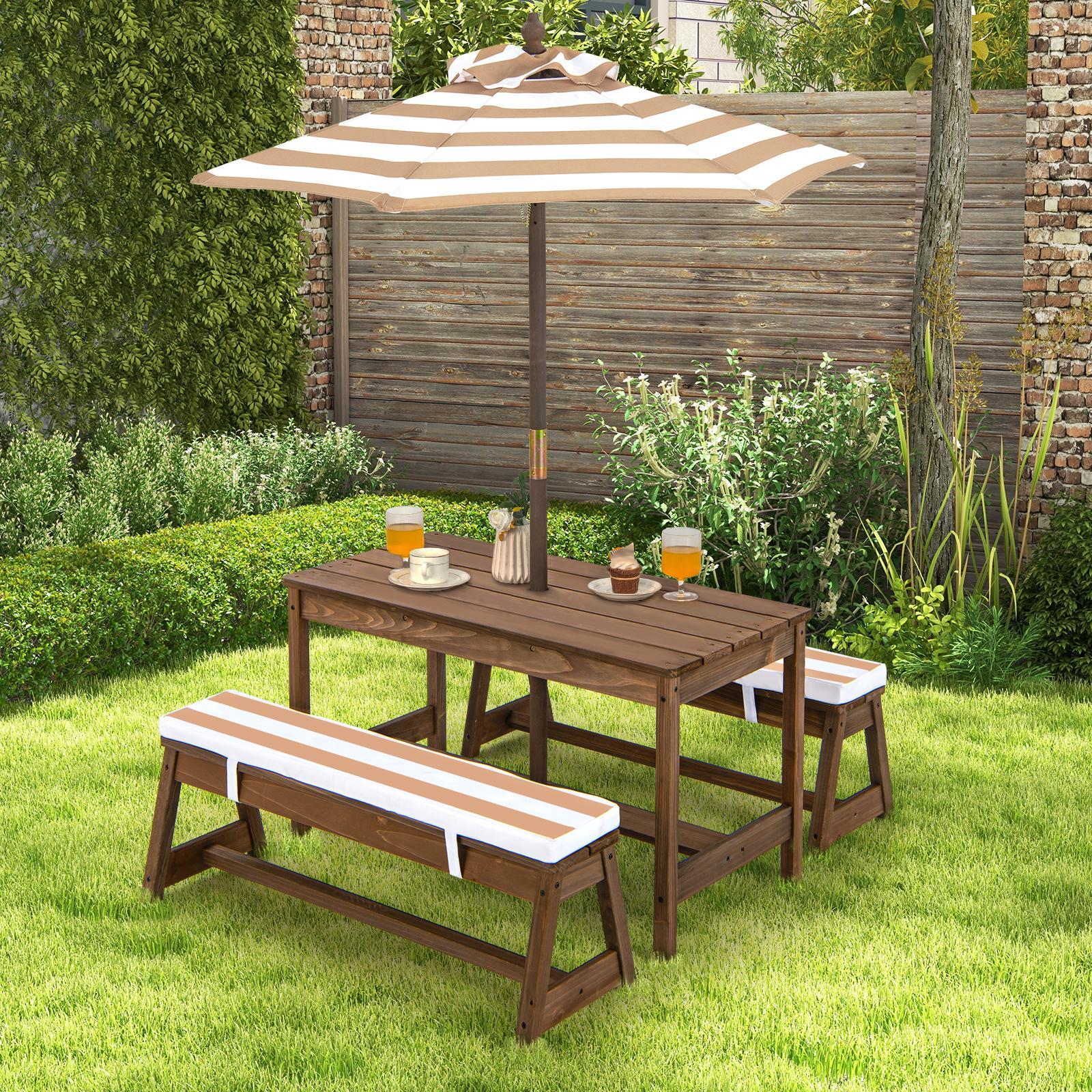 Costway Kids Picnic Table Set, Wooden Kids Outdoor Furniture with Umbrella, Sponge Cushions, Kids Rectangular Activity Table and Benches for Outdoors, Accommodate 4 Children