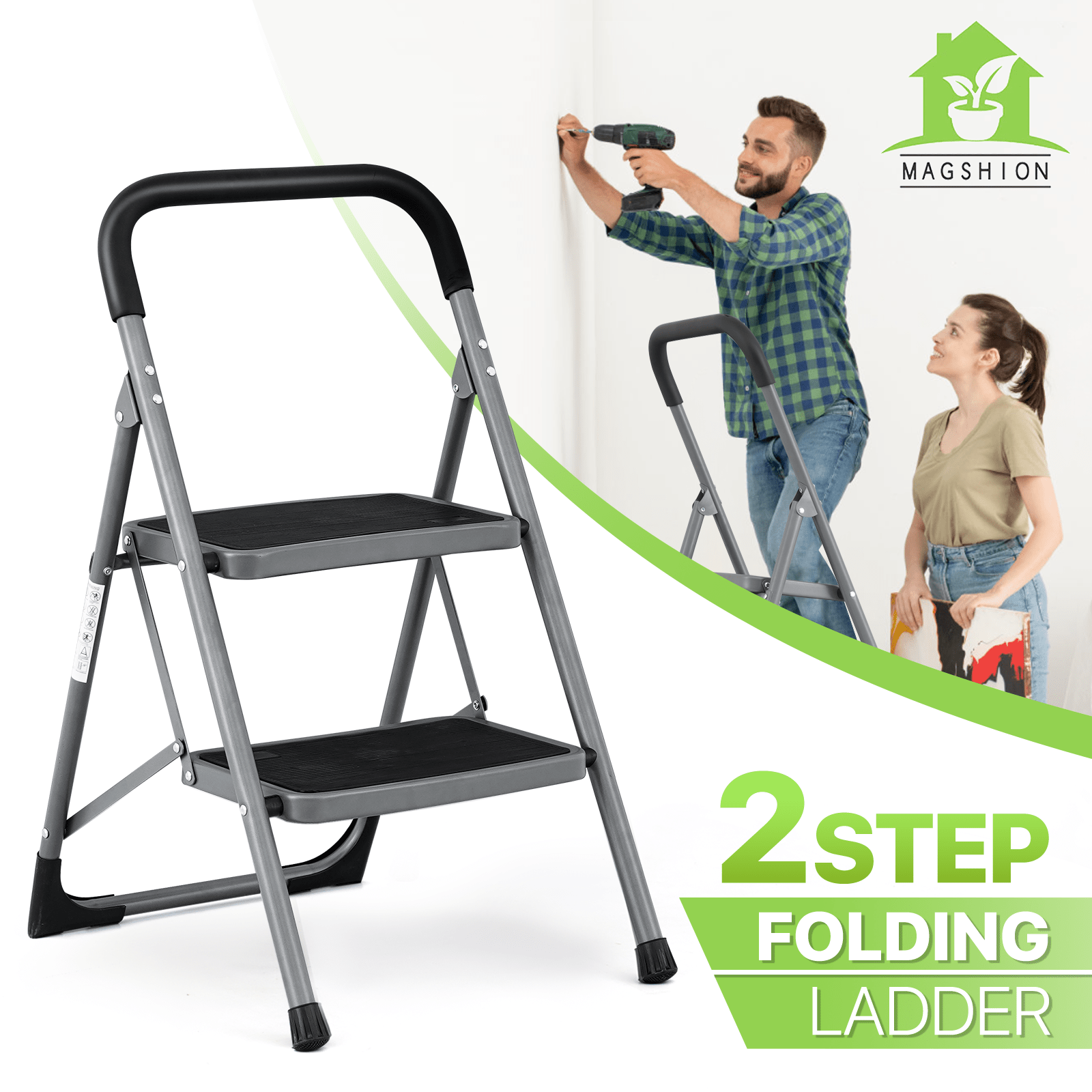 

2 Step Ladder Folding Portable Step Stool With Handgrip, Wide Platform Steps, Non-slip Feet, 330 Lbs Capacity For Home And Kitchen