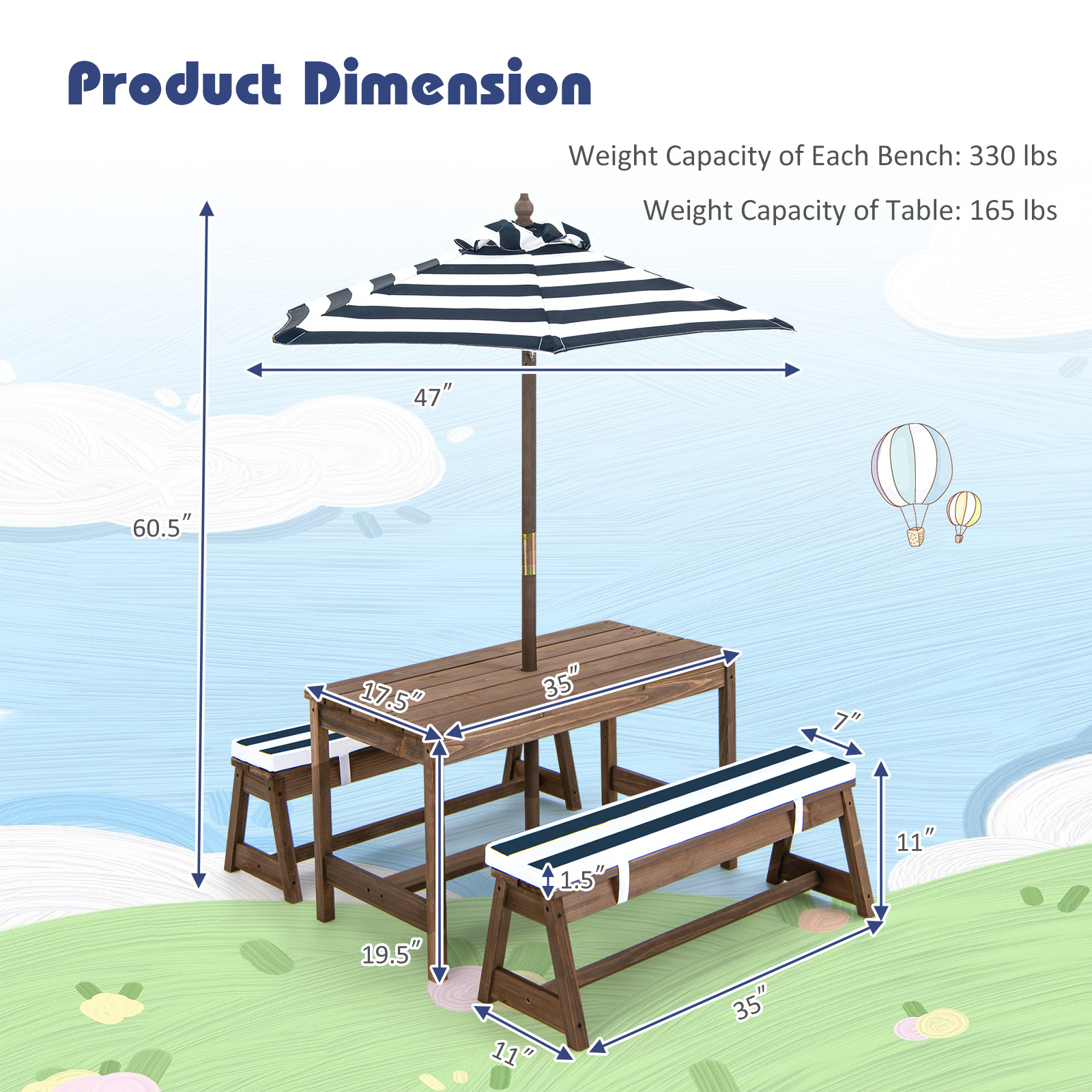 Costway Kids Picnic Table Set, Wooden Kids Outdoor Furniture with Umbrella, Sponge Cushions, Kids Rectangular Activity Table and Benches for Outdoors, Accommodate 4 Children