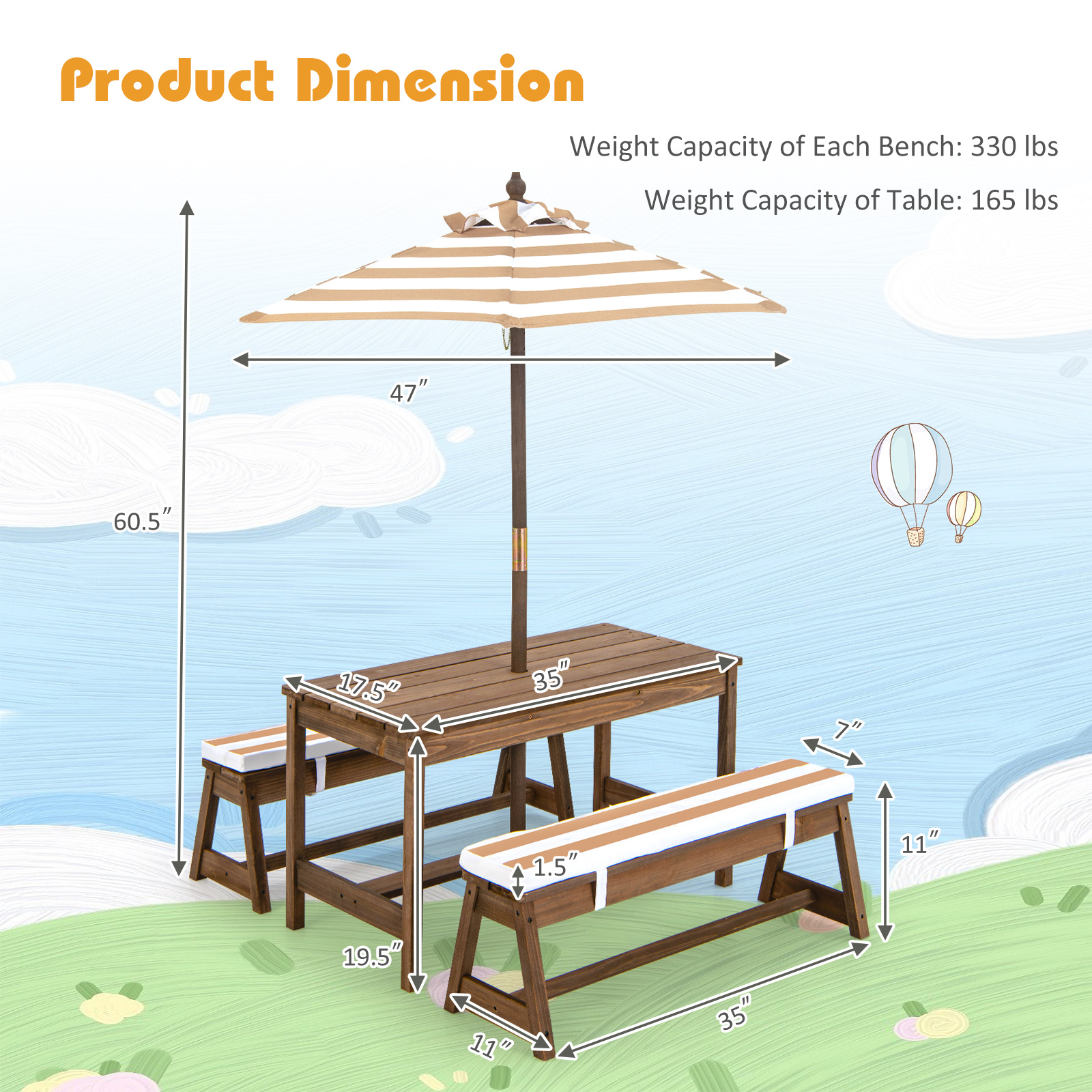 Costway Kids Picnic Table Set, Wooden Kids Outdoor Furniture with Umbrella, Sponge Cushions, Kids Rectangular Activity Table and Benches for Outdoors, Accommodate 4 Children