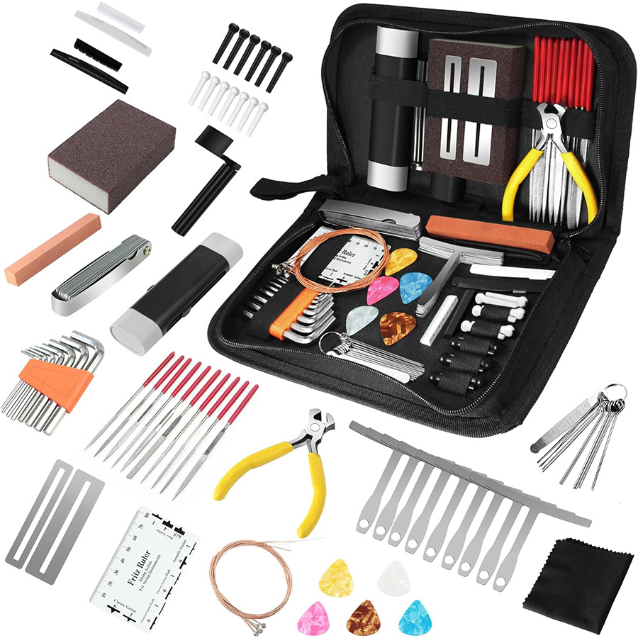 

Guitar Repair Tool Kit 79 Pieces Set, Guitar Repair, Maintenance Tools, Including Bridge Pin, Guitar Plectrum, Guitar Strings And Other Tools, With Tool Bag