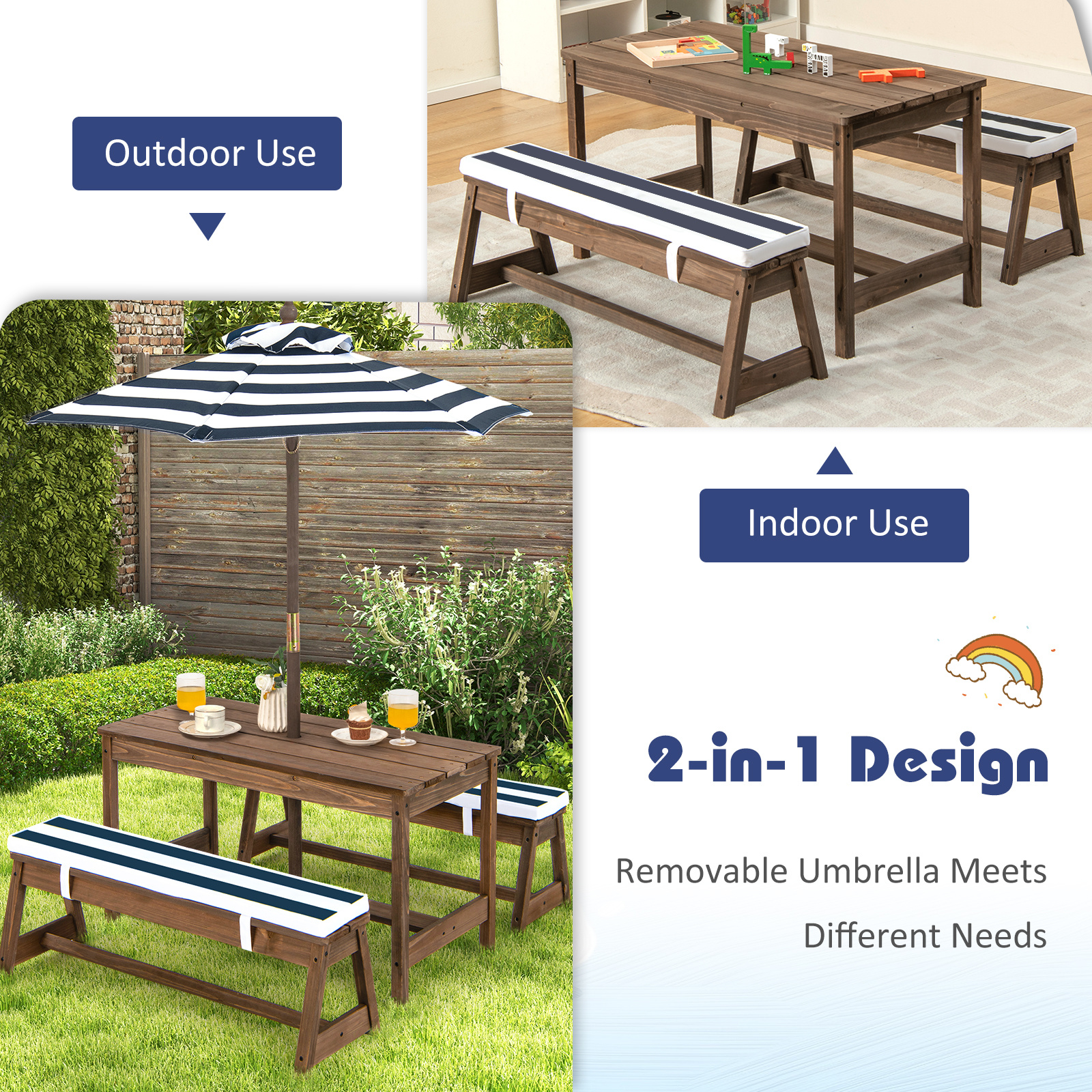 Costway Kids Picnic Table Set, Wooden Kids Outdoor Furniture with Umbrella, Sponge Cushions, Kids Rectangular Activity Table and Benches for Outdoors, Accommodate 4 Children