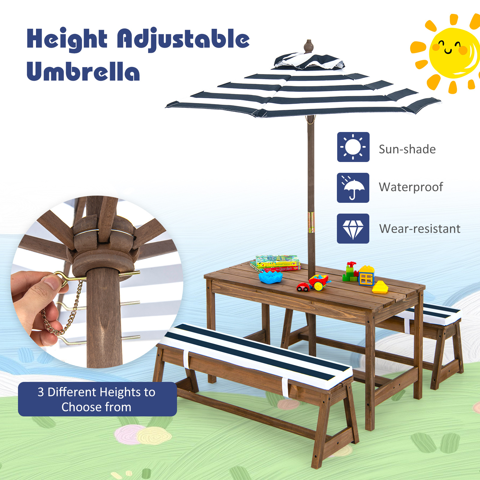 Costway Kids Picnic Table Set, Wooden Kids Outdoor Furniture with Umbrella, Sponge Cushions, Kids Rectangular Activity Table and Benches for Outdoors, Accommodate 4 Children
