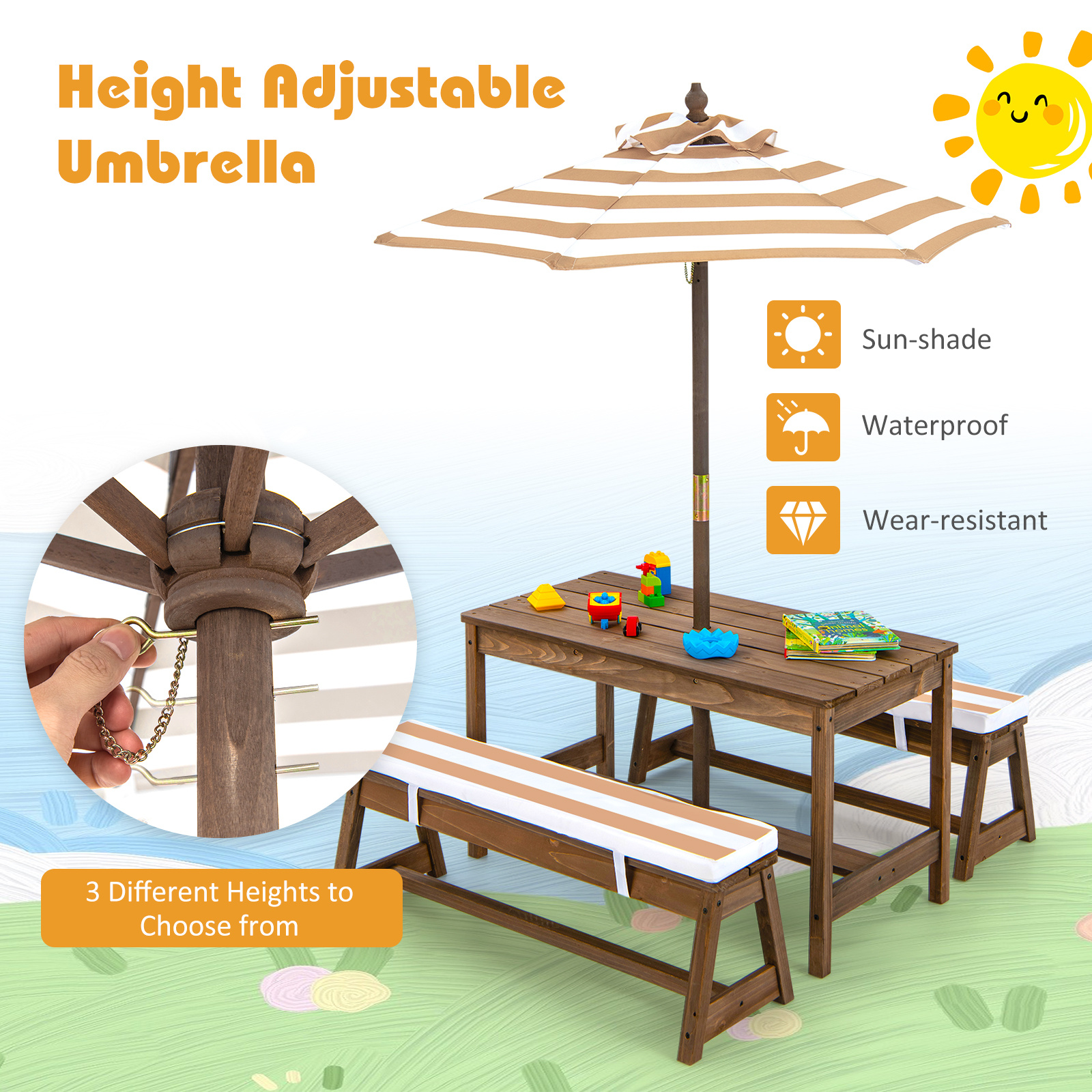Costway Kids Picnic Table Set, Wooden Kids Outdoor Furniture with Umbrella, Sponge Cushions, Kids Rectangular Activity Table and Benches for Outdoors, Accommodate 4 Children