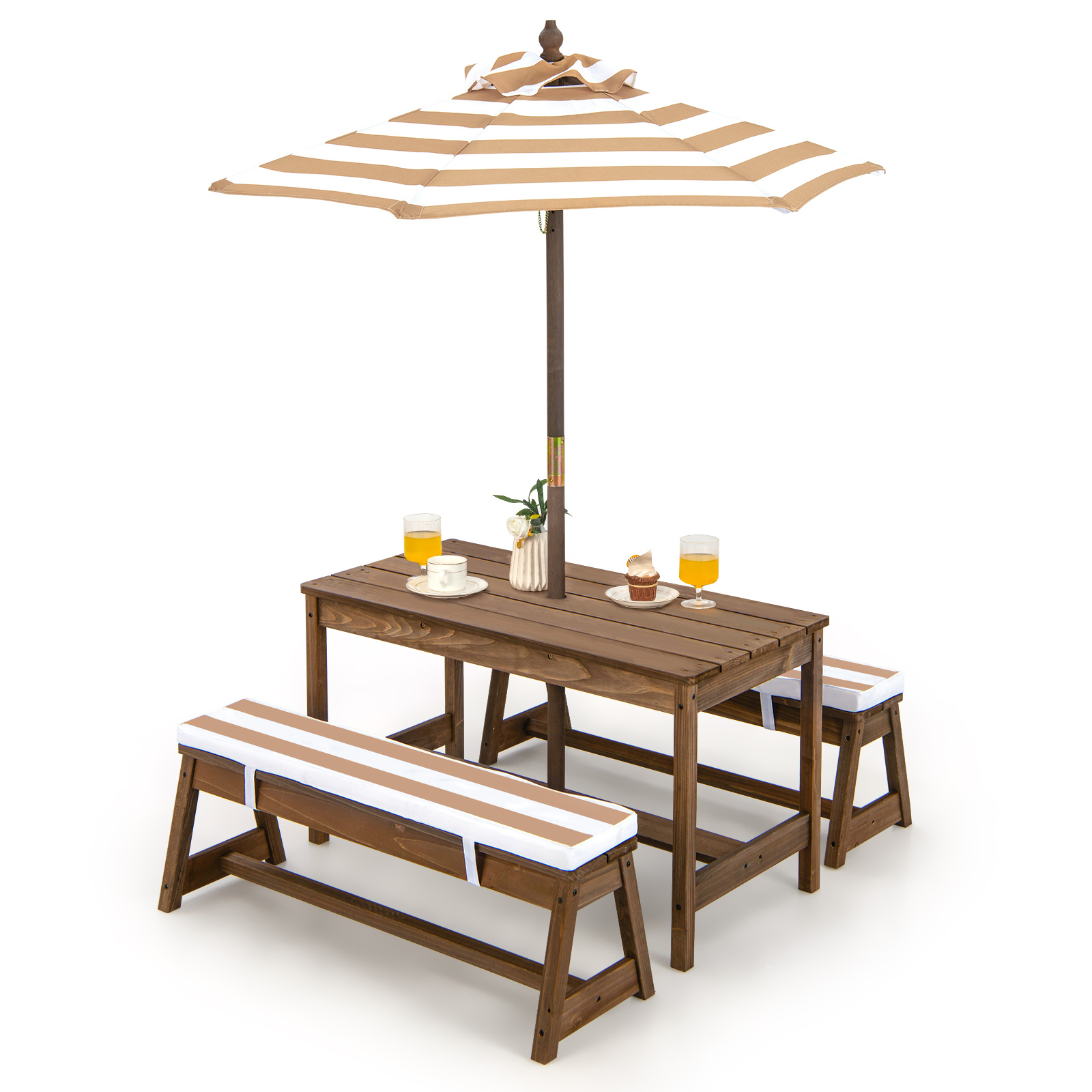 Costway Kids Picnic Table Set, Wooden Kids Outdoor Furniture with Umbrella, Sponge Cushions, Kids Rectangular Activity Table and Benches for Outdoors, Accommodate 4 Children