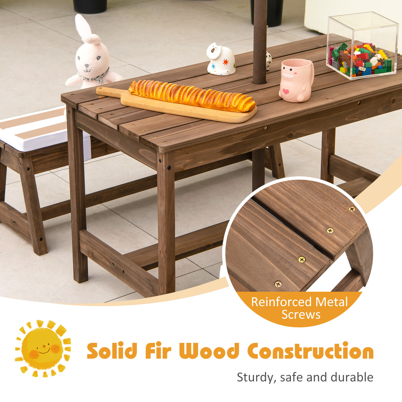 Costway Kids Picnic Table Set, Wooden Kids Outdoor Furniture with Umbrella, Sponge Cushions, Kids Rectangular Activity Table and Benches for Outdoors, Accommodate 4 Children