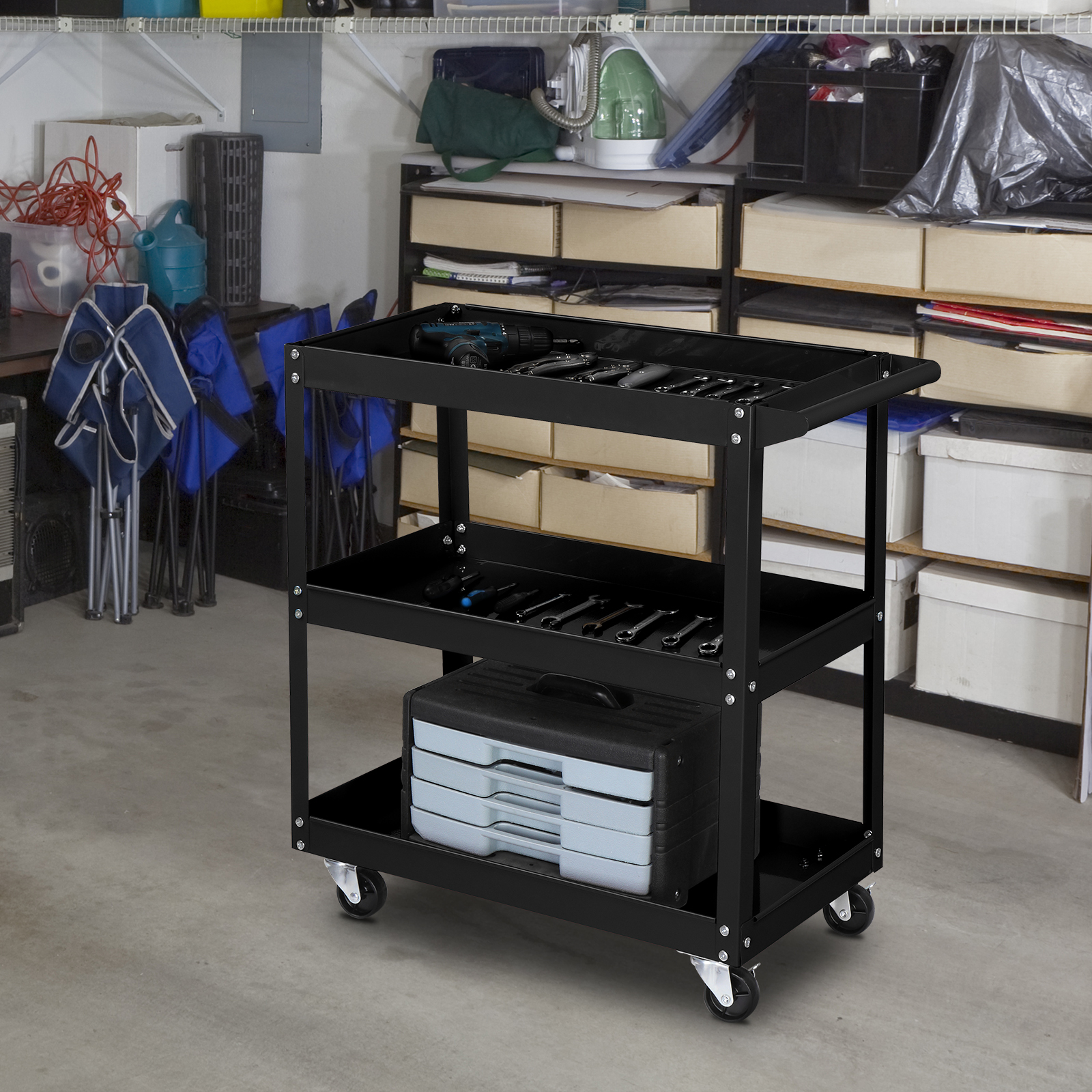 

3 Tier Rolling Tool Cart W/wheels & Handle, 220 Lbs Capacity Steel Utility , Tool Storage Organizer For Mechanic, Garage, Workshop, Warehouse &