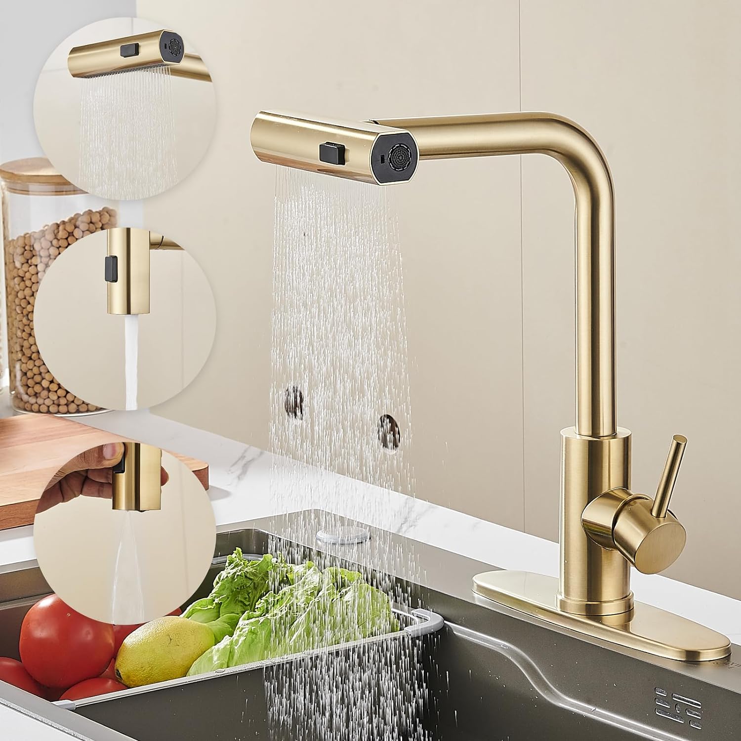 

Kitchen Faucet With Pull Down Sprayer, Brushed Gold Waterfall Touch Single Hole Handle Stainless Steel Kitchen Sink Faucets, Commercial Modern Faucets For Kitchen Sinks With Pull-down Sprayer