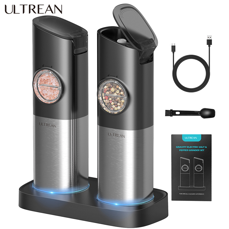 

Ultrean Electric Salt And Pepper Grinder Set - Usb Rechargeable With Dual Charging Base - Adjustable Fineness - 1 Handed , Stainless Steel Construction, Auto Dust , Led Light