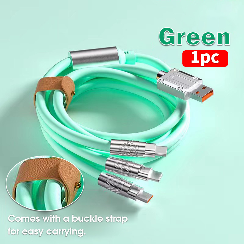 

1pc Green New Portable Quick Charging Usb Cable, Comes With Built-in Storage Strap, 3-in-1 Flashing Charging Cable, Android Phone , For Travel Use. Orange