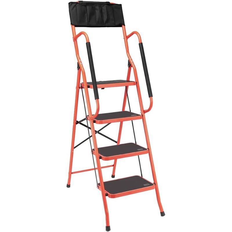 

4 Step Stool Ladder Foldable Tool Ladder Safety Padded Handrails With Detachable Tool Bag Wide Pedals Suitable Kitchen And Home (330lbs)