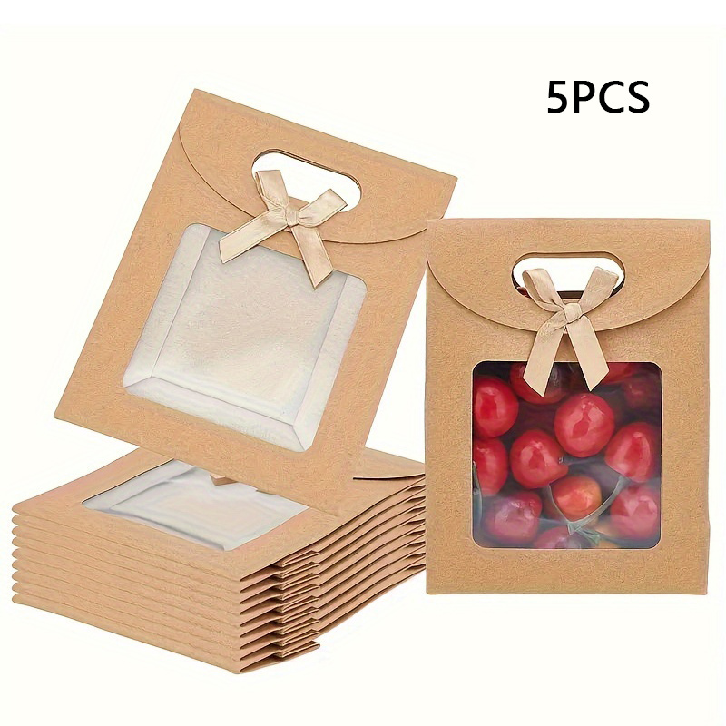 

5pcs Kraft Paper Bag With Transparent Window And Handle, Used As A Flip Cover Gift Bag For Candy, Cookies, Weddings, And Christmas Party Packaging