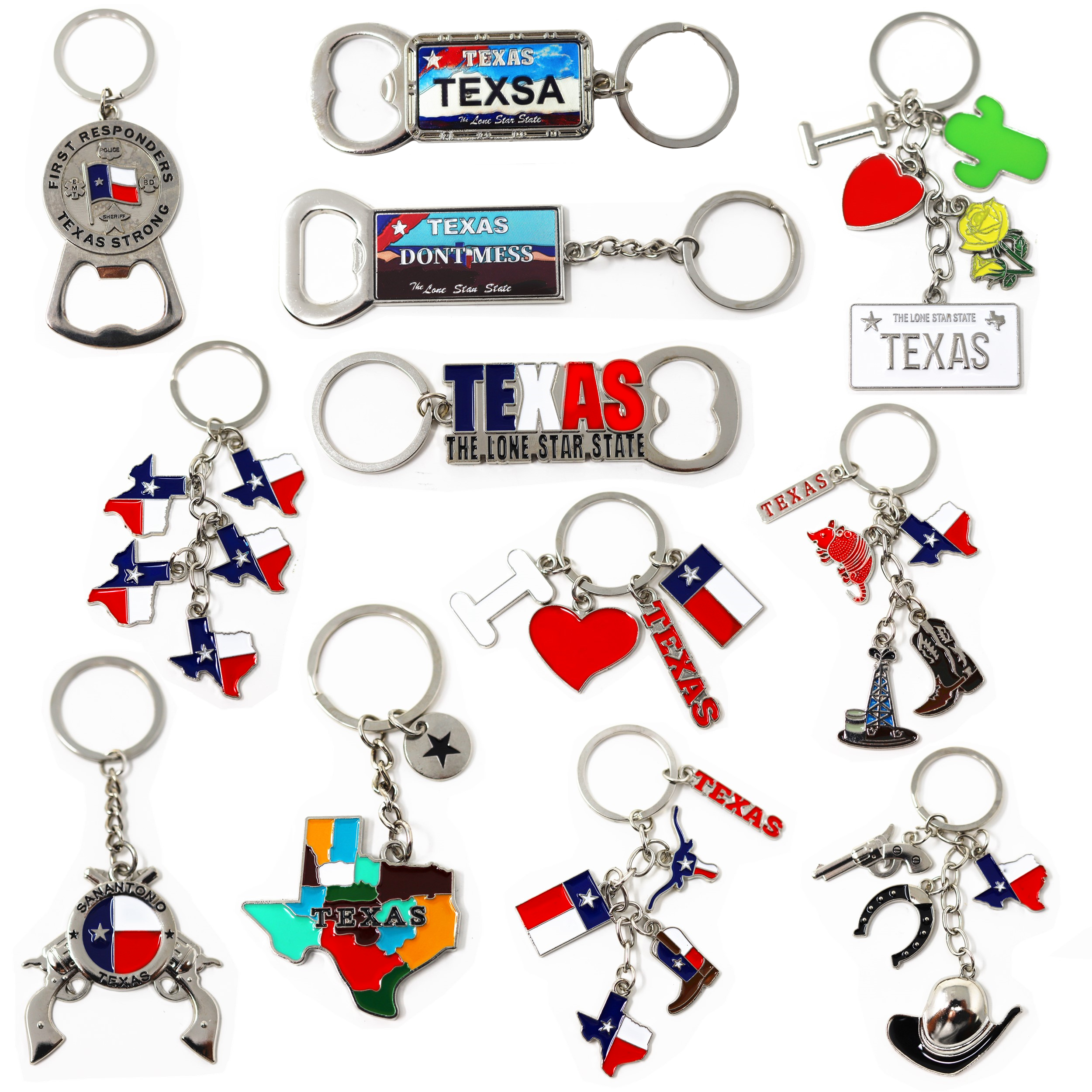 

12 Pcs Texas Keychain Metal Keychains, 4 Bottle , , Flag, I Love Texas, License Plate, Map, Don't Mess With Texas, Longhorn, Boot, Cactus, Texas Key Chain Souvenirs, Gifts, Bundle