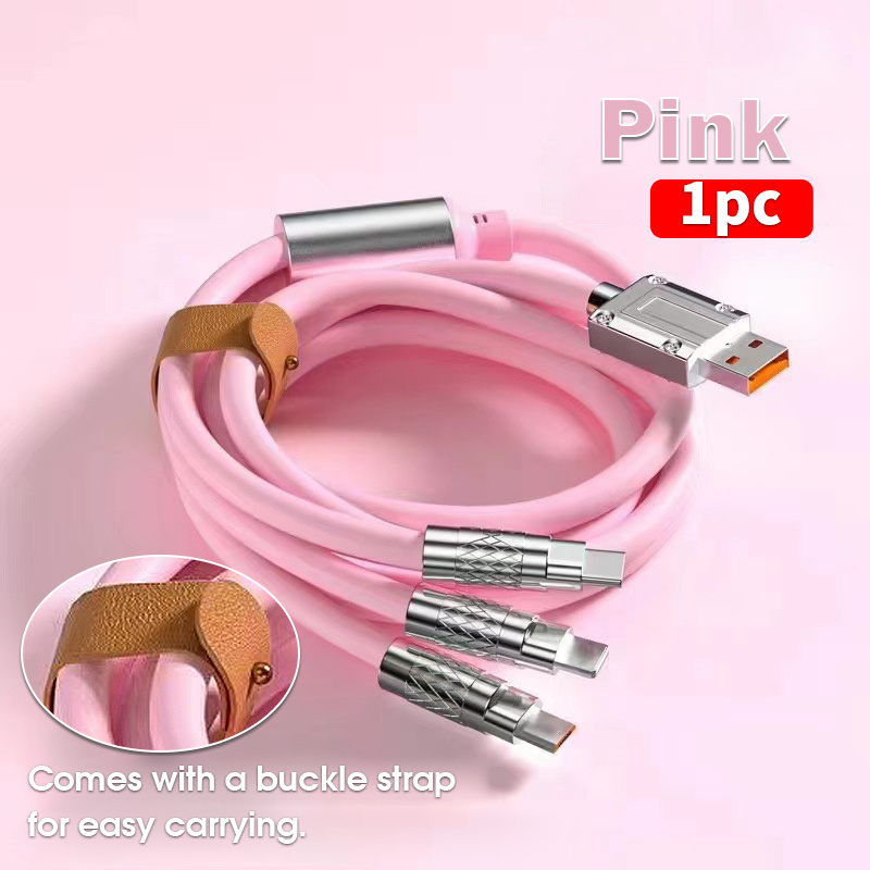 

Pink New Portable Quick Charging Usb Cable, Comes With Built-in Storage Strap, 3-in-1 Flashing Charging Cable, Android Phone , For Travel Use.