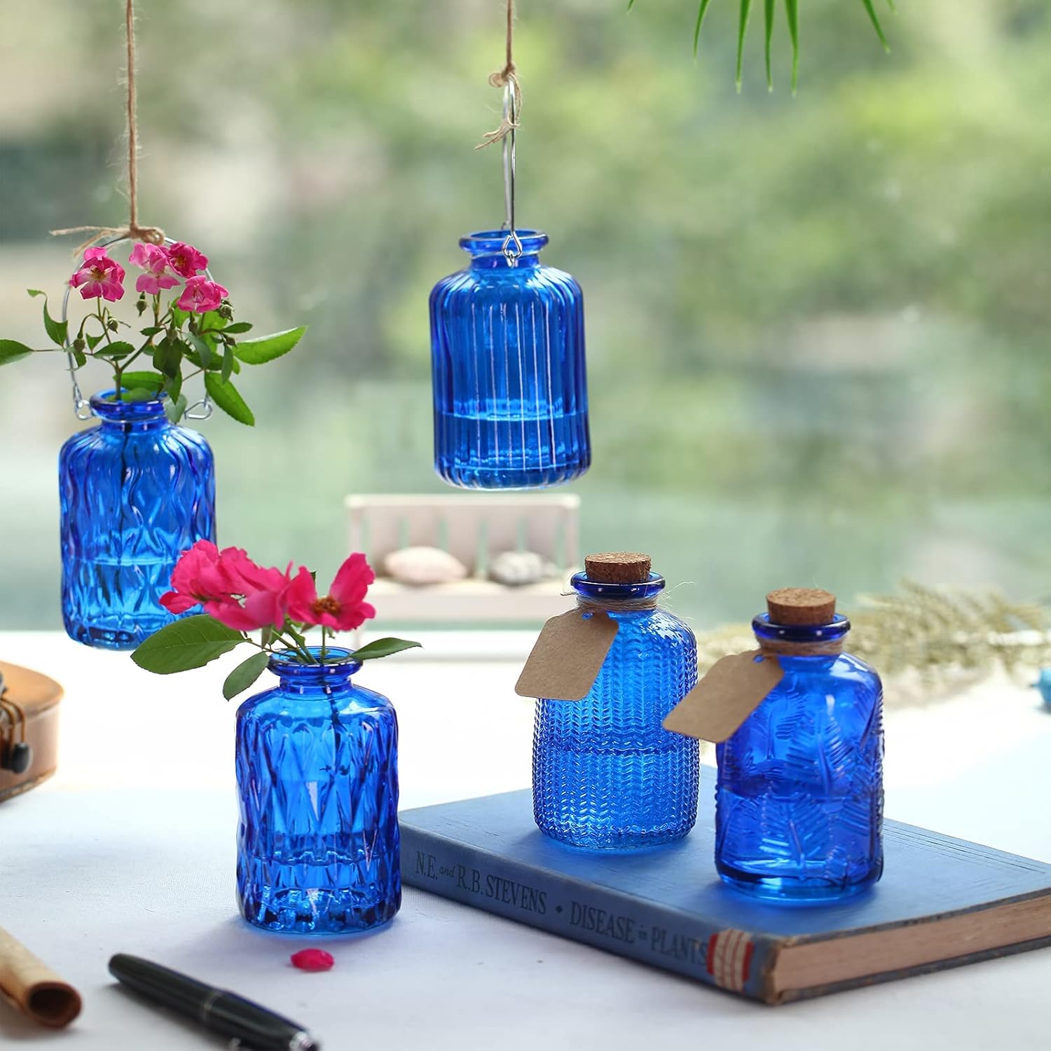 

Cobalt Blue Glass Bud Vase, Small Flower Vase, Mini Bottle With Cork, Wire For Decor, Cafes, Office Table, Home, And Garden (set Of 5), The Best Christmas Gift.