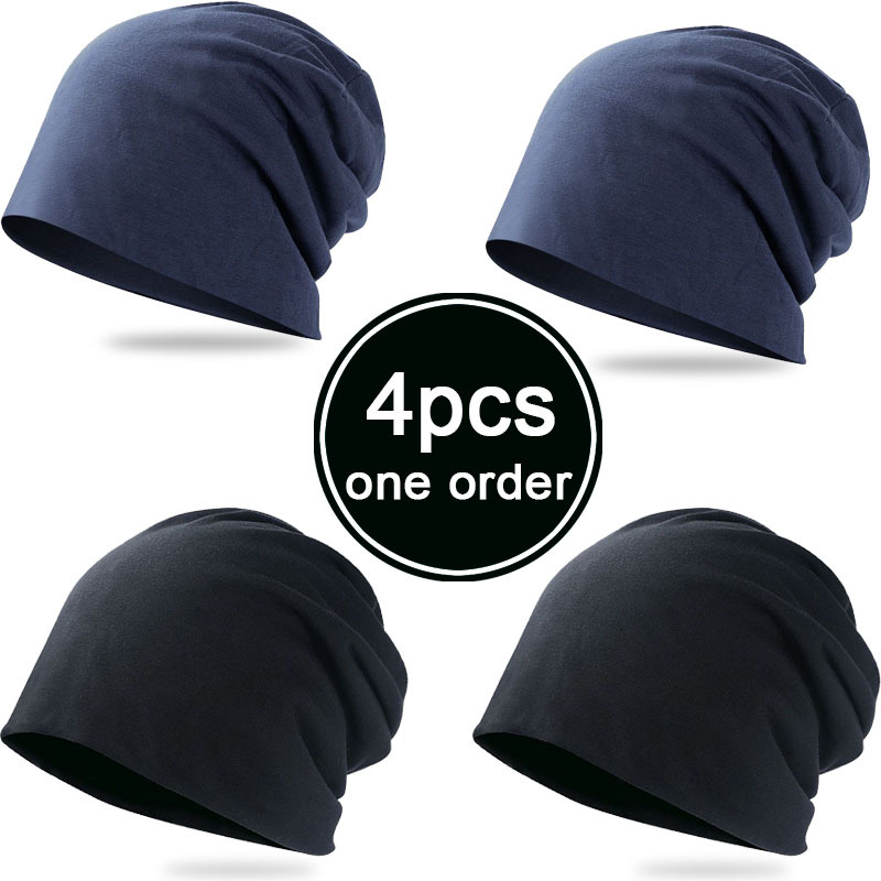 

4pcs Men's Solid Color High Knitted Brimless Hat, Unisex Fleece Hat