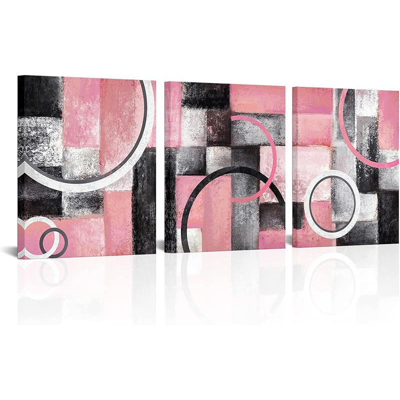 

3pcs Wood Frame Decoration Pink And Gray Abstract Geometric Canvas Wall Art Decoration Picture Frame Art Living Room Bedroom Wall Decoration Hung Pink