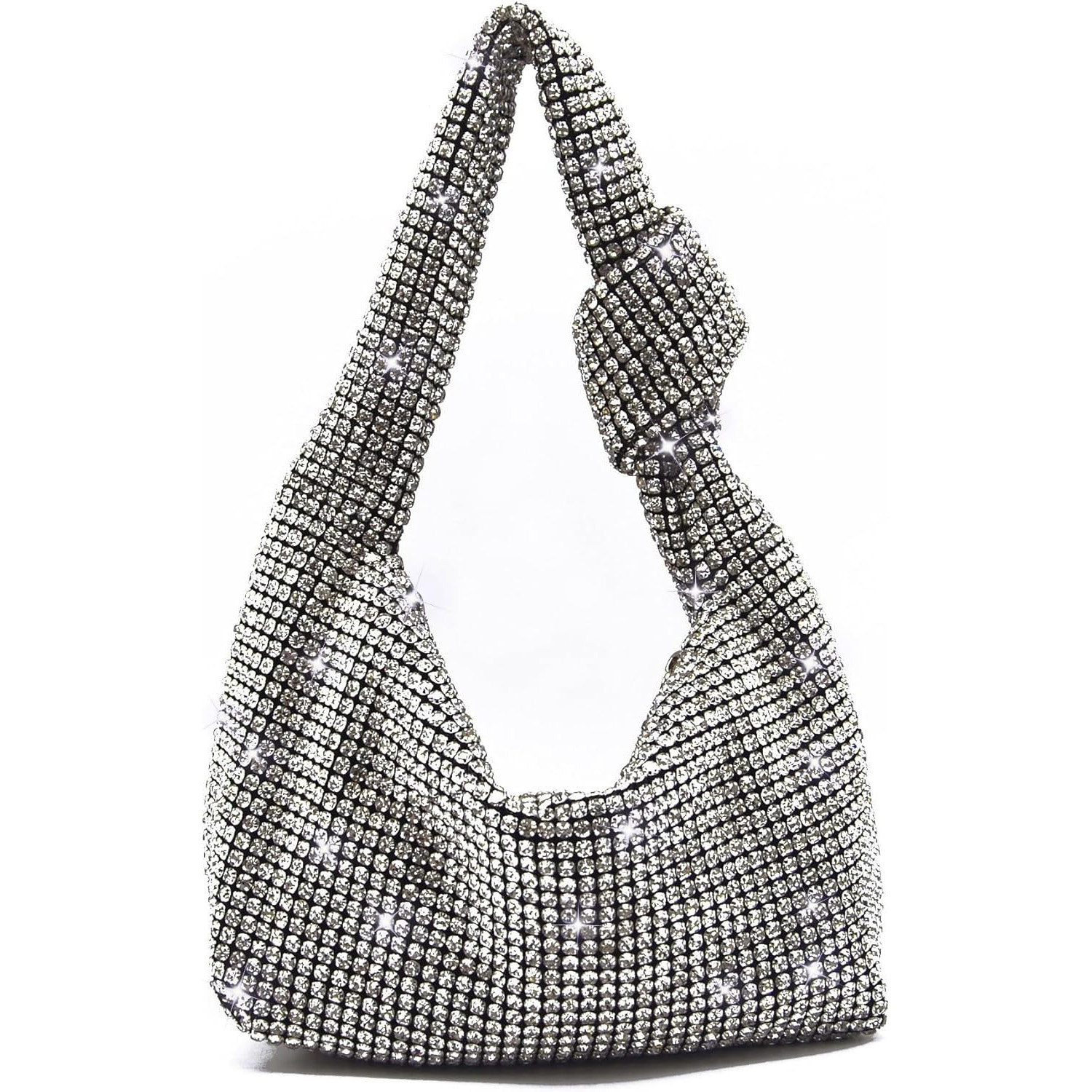 

Women Knotted Handbag Sparkly Rhinestone Hobo Dumpling Bag Diamond Glitter Evening Clutch Purse, Black And Silvery