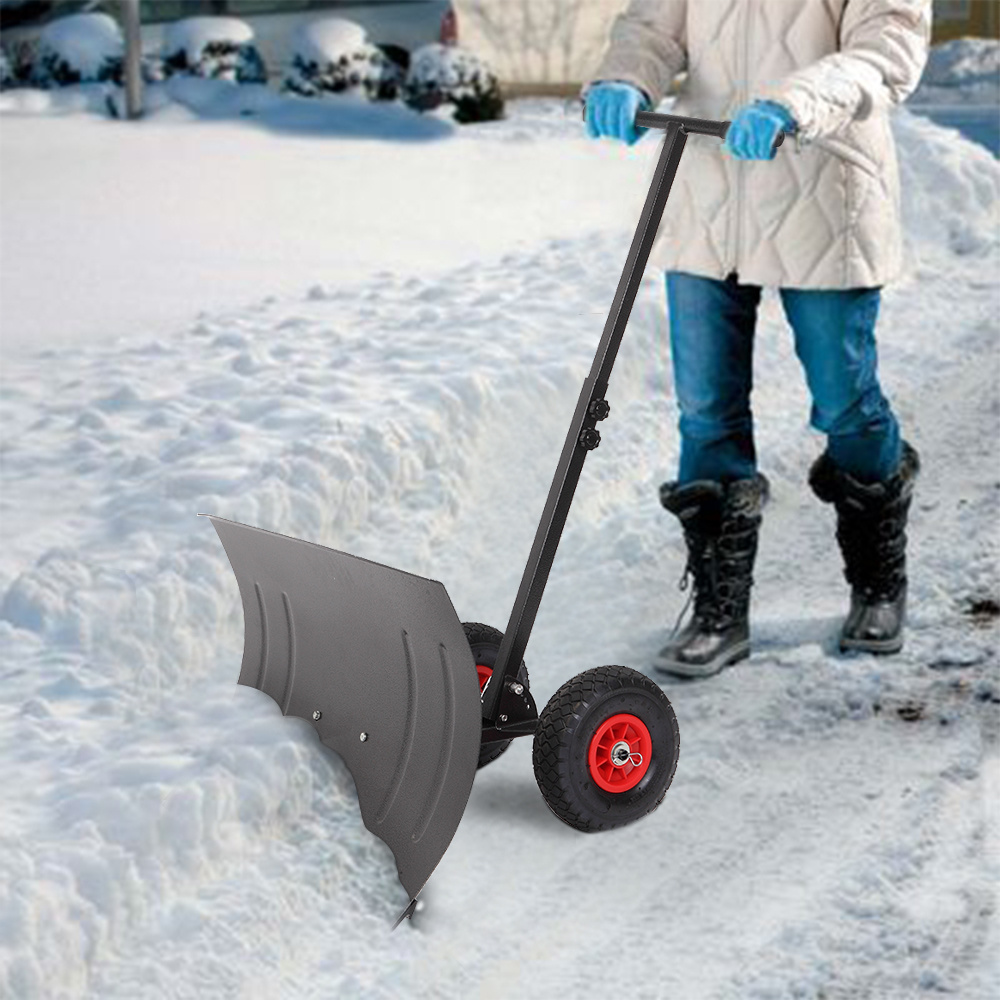 

29" Wide Snow Pusher Shovel For With Wheels, Heavy Duty Rolling Wheeled Snow Shovel With Adjustable Angle & Height For