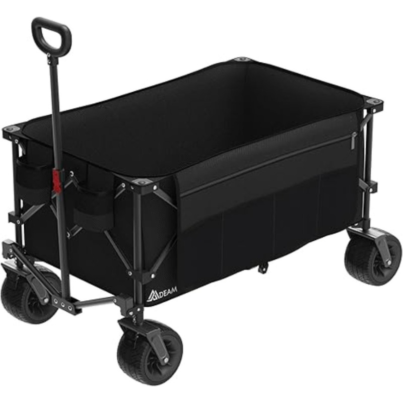 

220l Collapsible Foldable Wagon, Heavy Duty Folding Utility Cart With Big Beach Wheels, Cup Holders, And Adjustable Handle For Camping, Garden, Sports, Shopping, Black