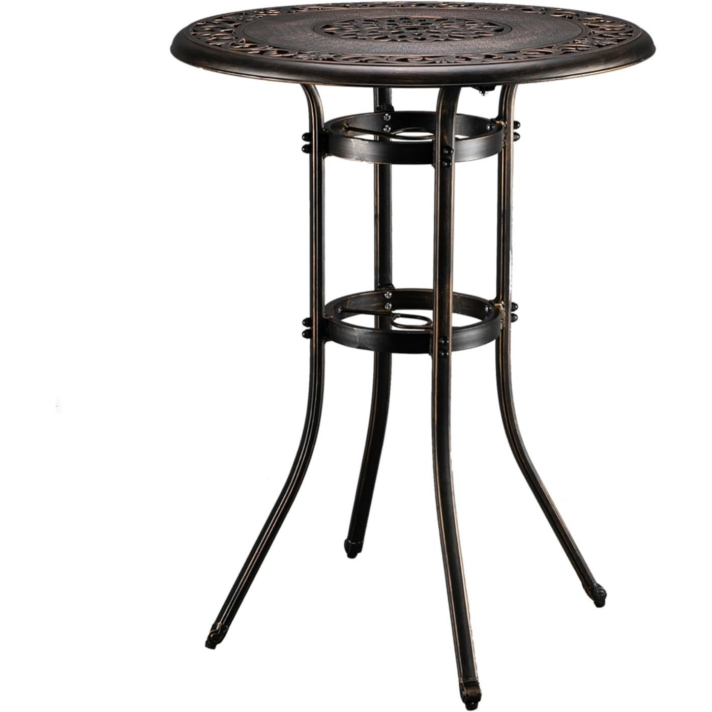 

32" Outdoor Bar Table, Patio Bar Height Table With Umbrella Hole, Round High Top Table, Cast Aluminum Tall Outdoor Table Bistro Table For Balcony, Patio (bronze)