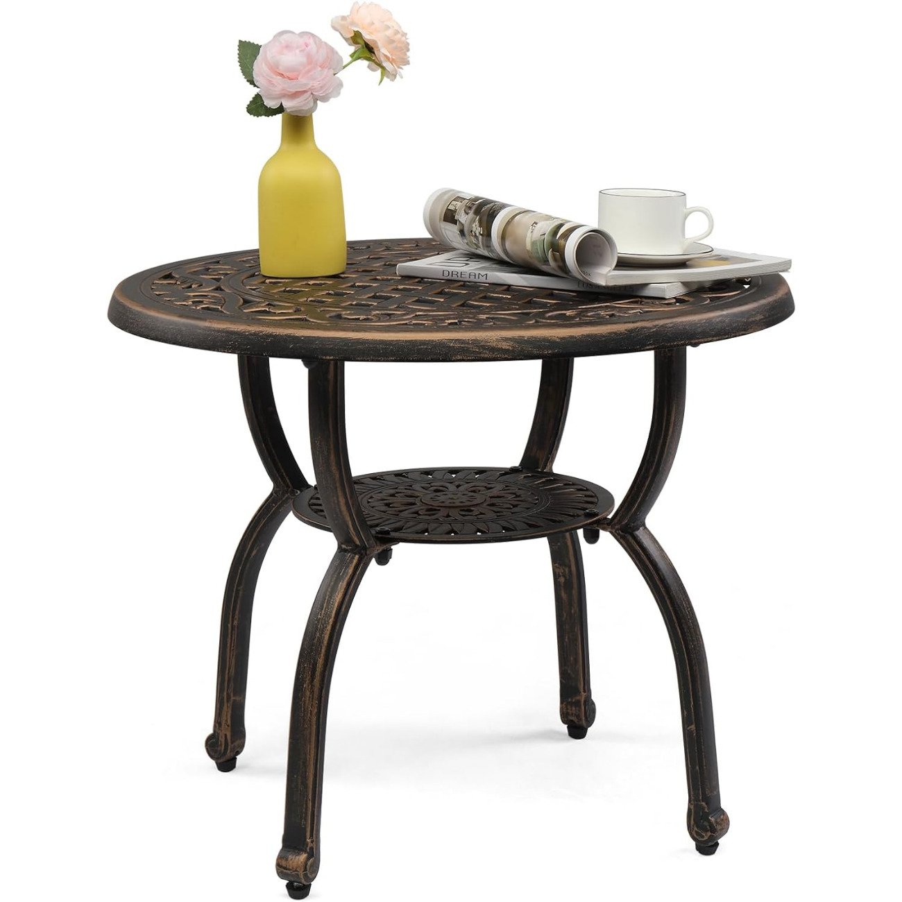 

22" Cast Aluminum Outdoor Side Table, All Weather Patio Coffee Table Porch Table Outdoor Bistro Table Outdoor End Table